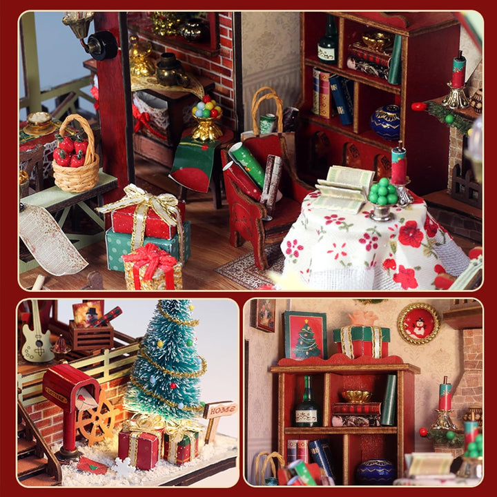Cuteefun Miniatur Haus Selber Bauen Weihnachten, DIY Miniature House mit LED Licht, 3D Holz Puzzle &amp;