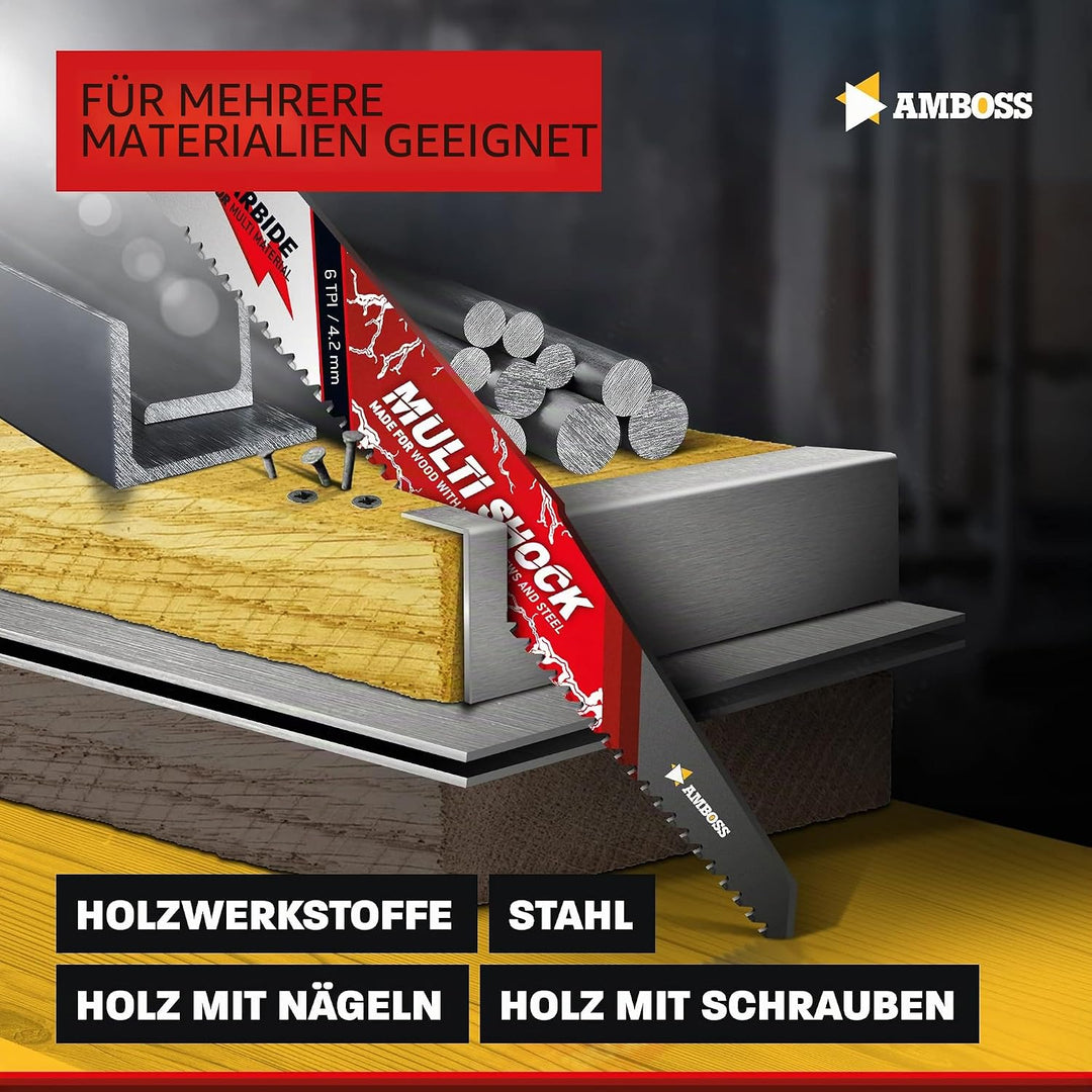 AMBOSS MULTI SHOCK - 3x Säbelsägeblatt Länge 230 mm / 6 ZpZ - ideal für Holz mit Nägeln und Holz mit