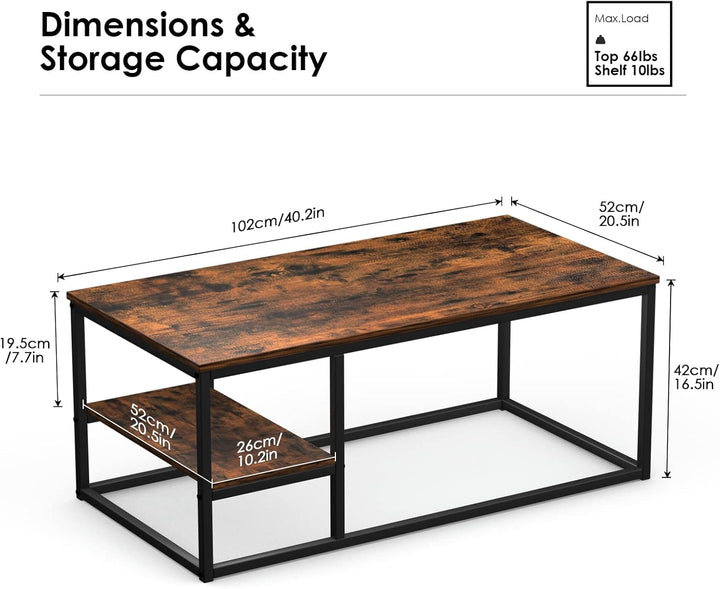 VOWNER Couchtisch, Wohnzimmertisch, Couchtisch mit Stahlgestell und Ablagen, Industrie-Design, Skand