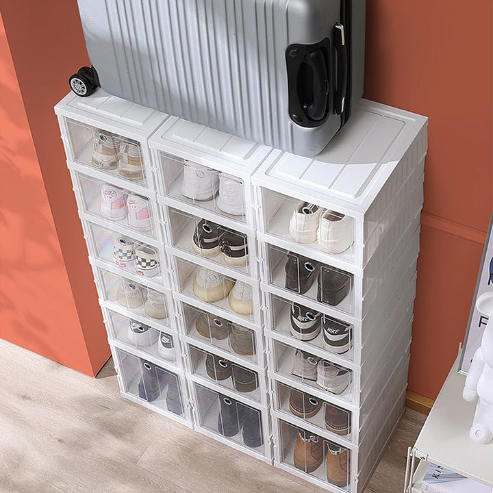 OHMG 6 Stück Schuhboxen, Aufbewahrungsboxen aus Kunststoff, transparent, stapelbar, faltbar, Regal f