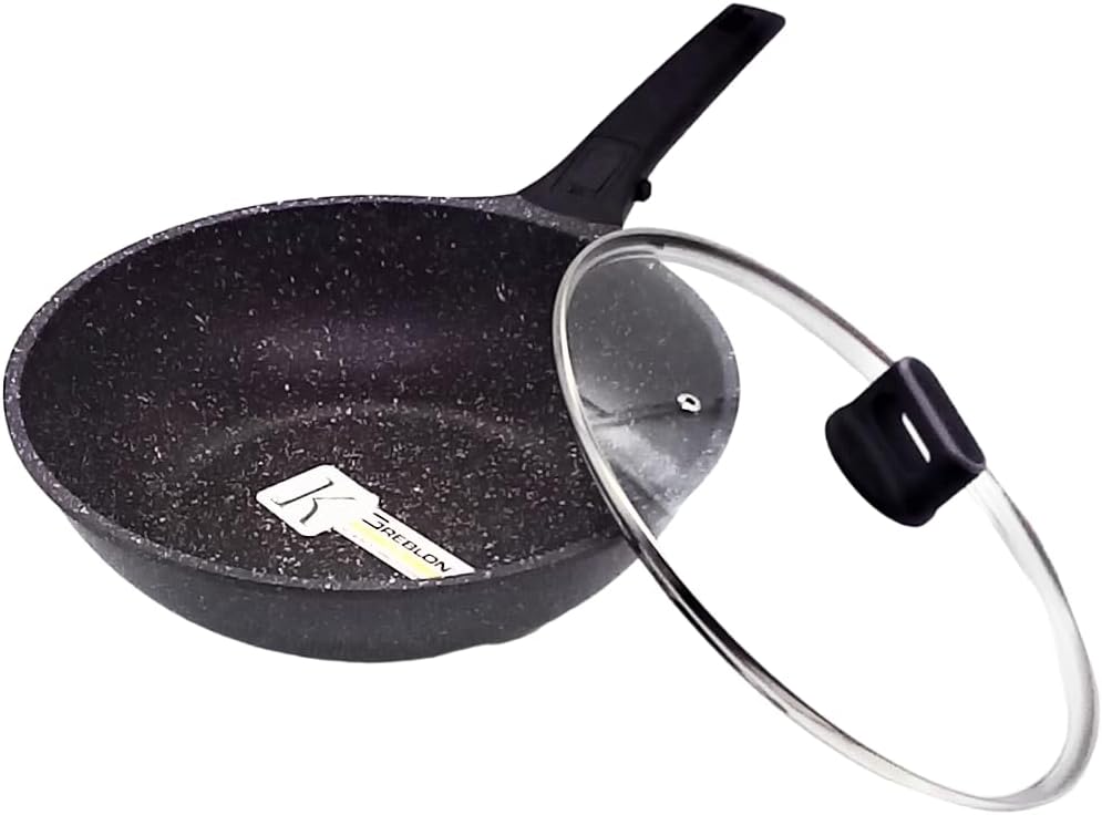 Wok-Pfannen in Steinoptik mit Deckel, hochwertig, antihaftbeschichtet, für alle Herdarten geeignet,