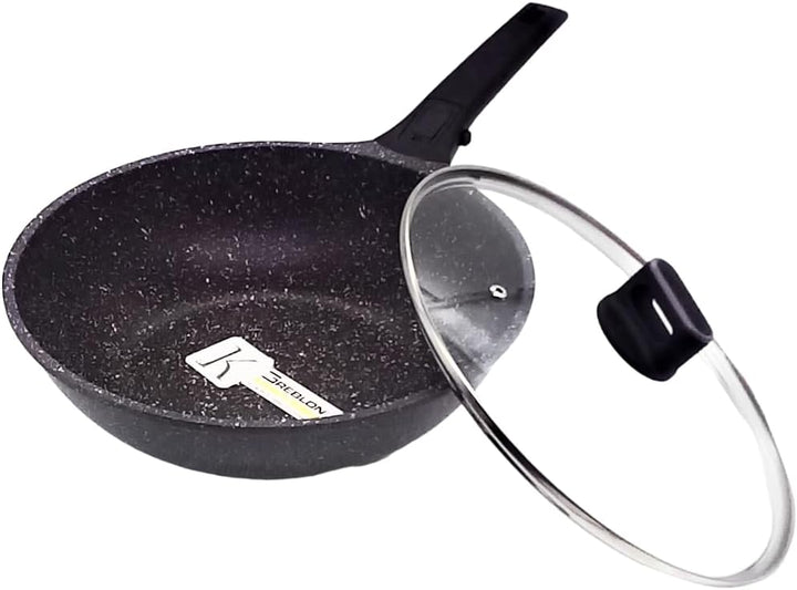 Wok-Pfannen in Steinoptik mit Deckel, hochwertig, antihaftbeschichtet, für alle Herdarten geeignet,
