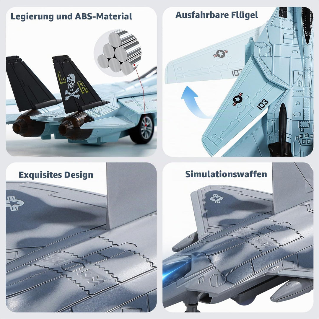 HOLYFUN Doppelte Kampfjets F14 &amp; F22 – Metallflugzeuge mit Licht &amp; Sound, Rückzieh Militär Flugzeug