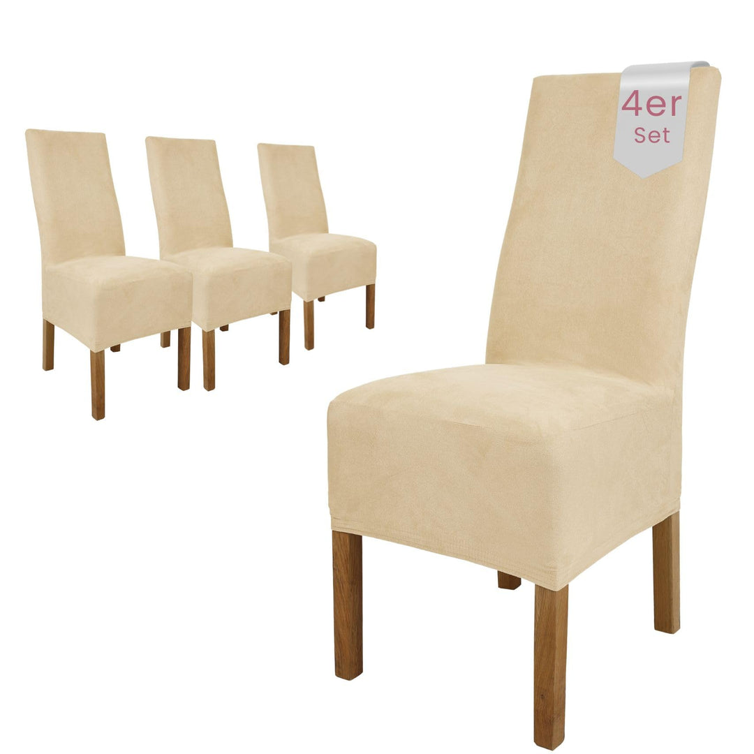 SCHEFFLER-Home Stuhlhussen 4er Set Leon Ecru/elastische Wildleder Hussen für Stühle/Robustes Freisch