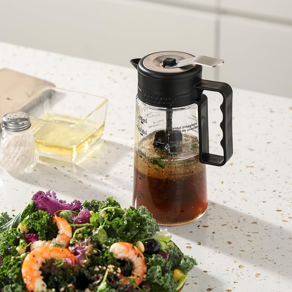 Salatdressing-Shaker aus Glas, 450 ml, mit abgestufter Skala und aufgedruckten Rezepten, hausgemacht