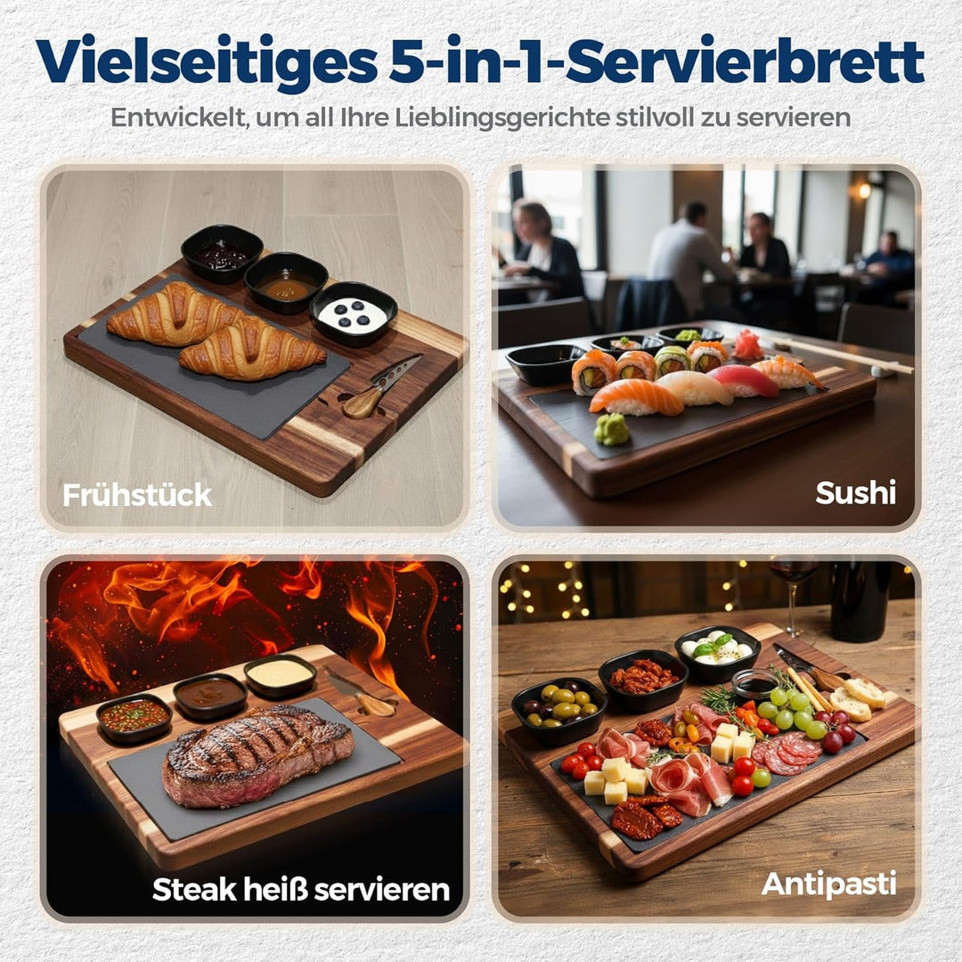 Servierbrett Set PERSONALISIERBAR mit Schieferplatte – Grosse Antipasti Platte aus Akazienholz inkl.
