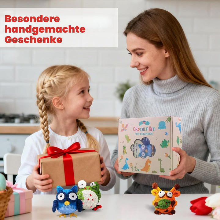 Welhammsae Häkelset für Anfänger, 4 Stück Tier Häckel Kit für Anfänger mit Garn, Häkelnadeln, Füllun