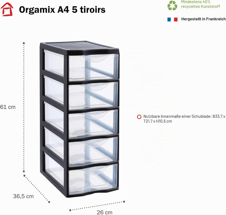 SUNDIS Orgamix, schubladenbox aus Kunststoff, 5 transparente Schubladen im A4-Papierformat, Höhe 61