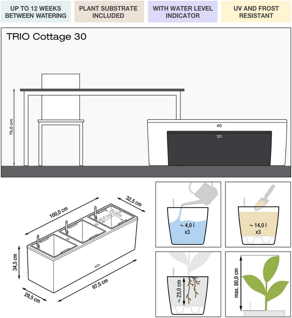 Lechuza Trio Cottage 30 Pflanzgefäss mit ERD-Bewässerungs-System, Mokka, 100 x 32 x 34 cm &amp; Trio Cot