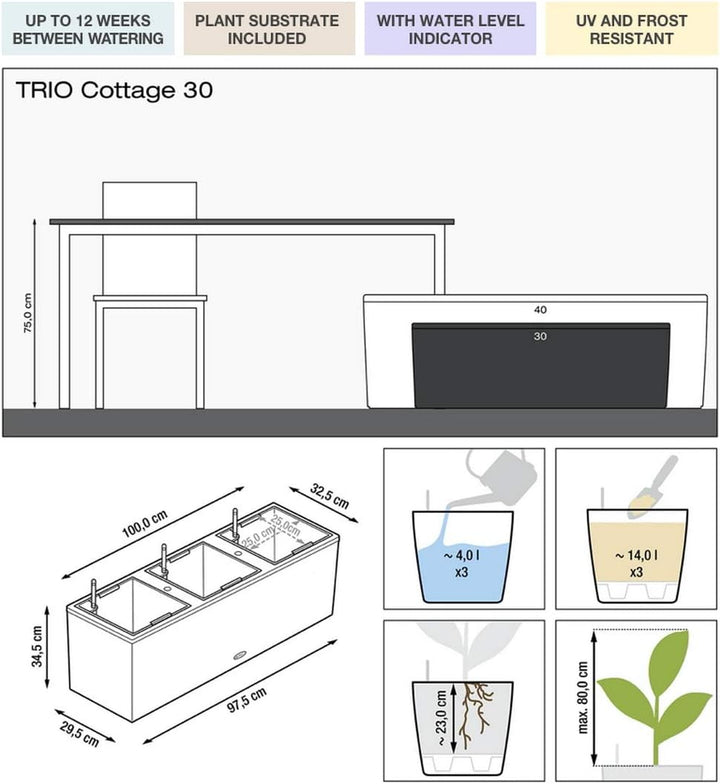 Lechuza Trio Cottage 30 Pflanzgefäss mit ERD-Bewässerungs-System, Mokka, 100 x 32 x 34 cm &amp; Trio Cot