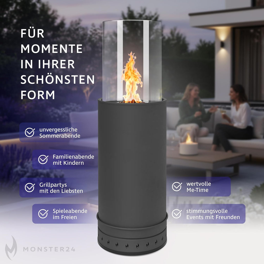 Monster24 Standkamin, rund, freistehend, 87 x 27 x 27 cm, Pellet Terrassenheizer für Outdoor, Terras