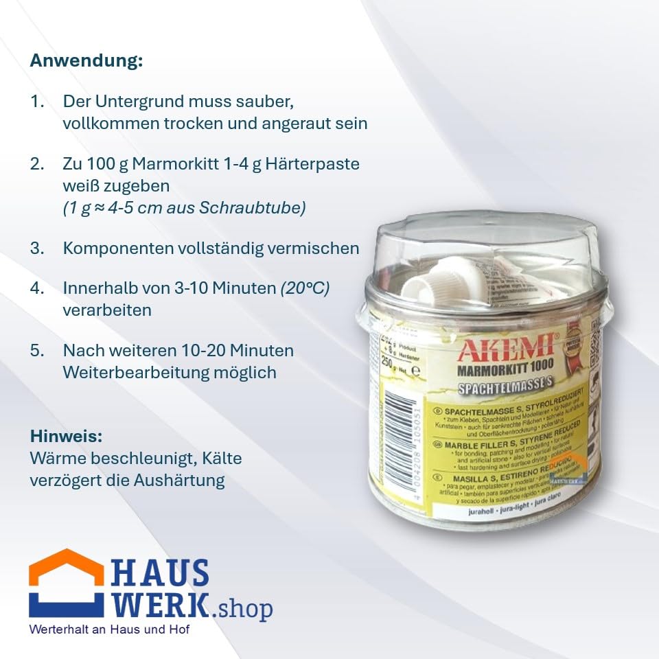 HAUSWERK.shop Set Akemi Marmorkitt 1000 S jurahell 150 ml plus Einweghandschuhe