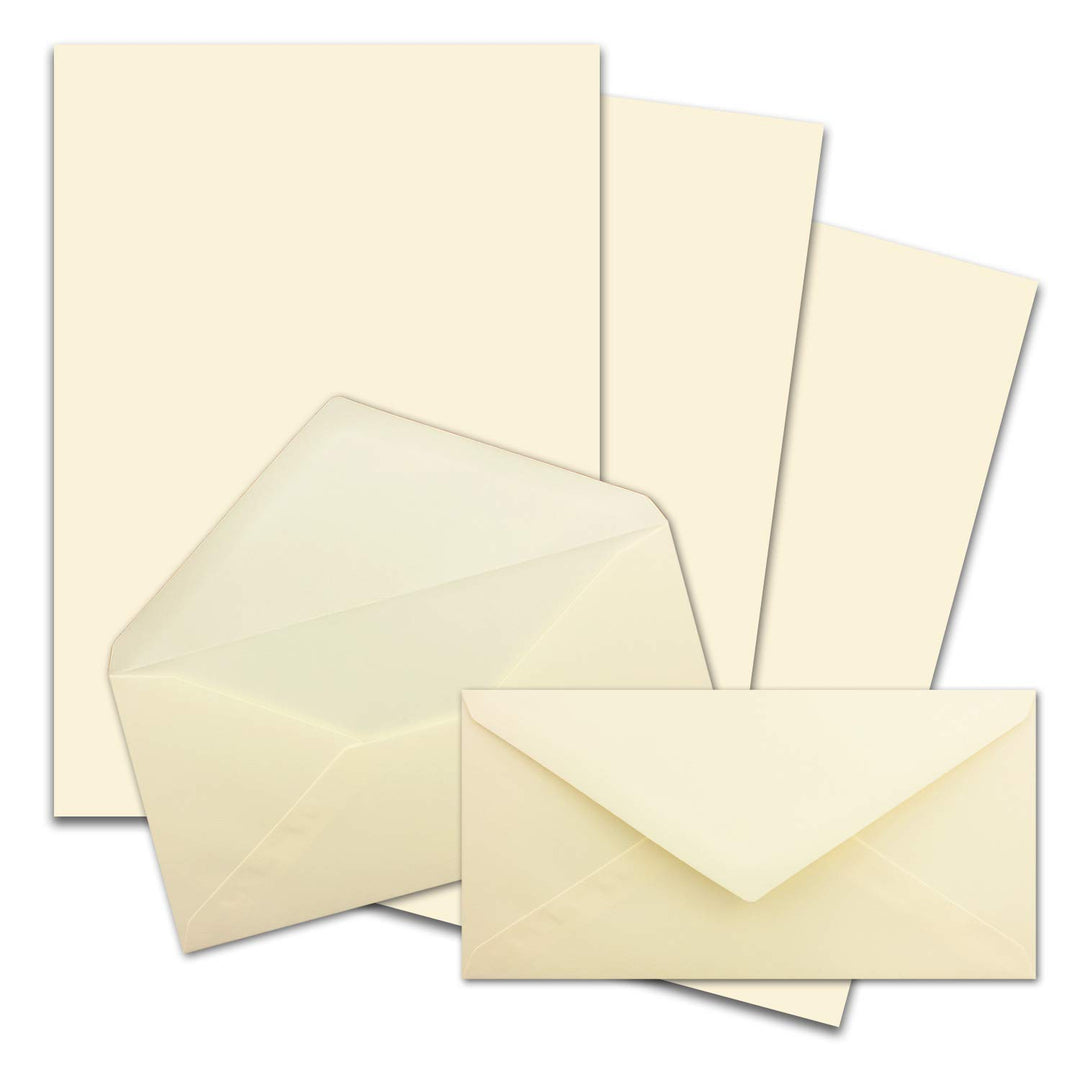 100x Briefpapier Set DIN A4 mit DIN Lang Briefumschlägen, Nassklebung - Creme-Vanille - mattes Schre