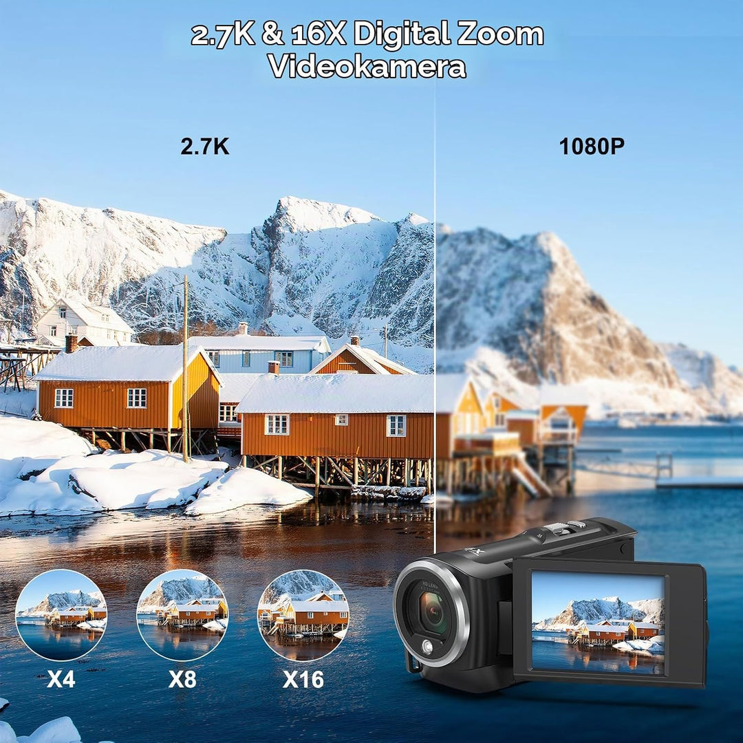 Videokamera 2.7K 56MP Camcorder 16X Digitalzoom Fülllicht Vlogging Camera Schwarz, Schwarz