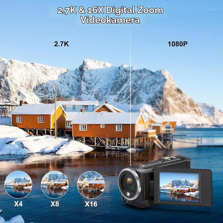 Videokamera 2.7K 56MP Camcorder 16X Digitalzoom Fülllicht Vlogging Camera Schwarz, Schwarz
