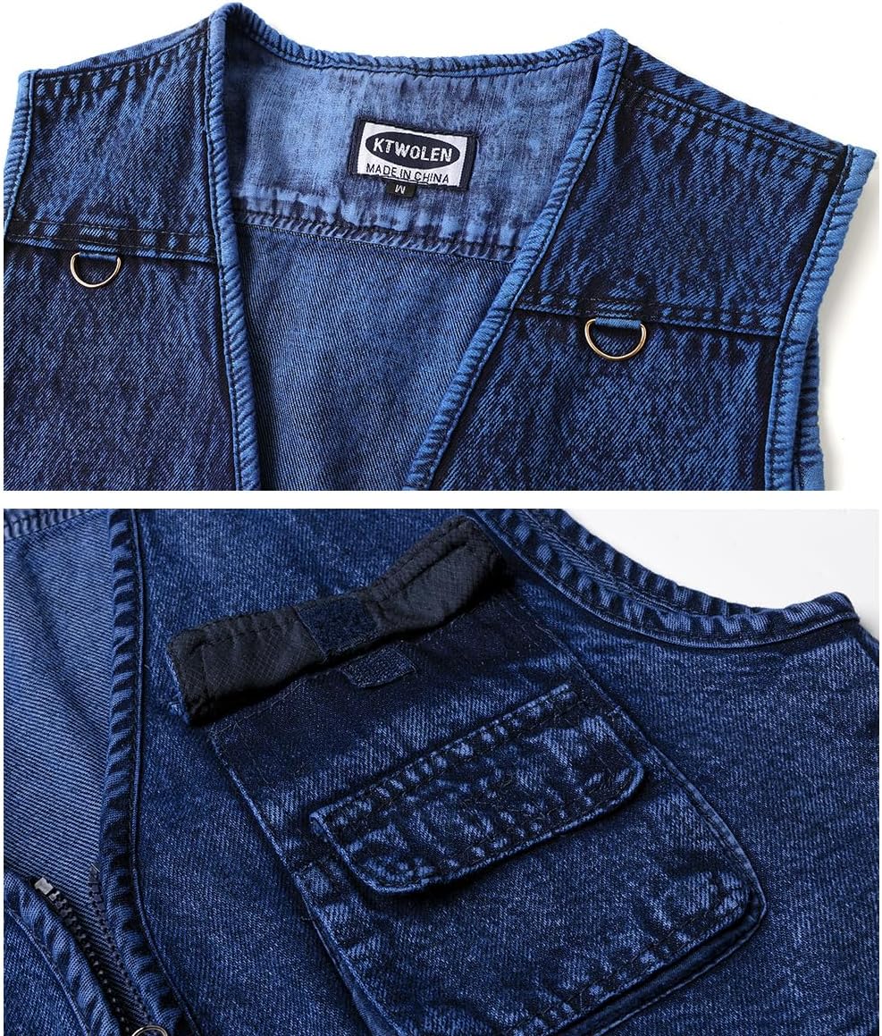 KTWOLEN Herren Denim Westen Casual Biker Jeansweste Multi-Taschened Motorradweste Outdoor Ärmellos A