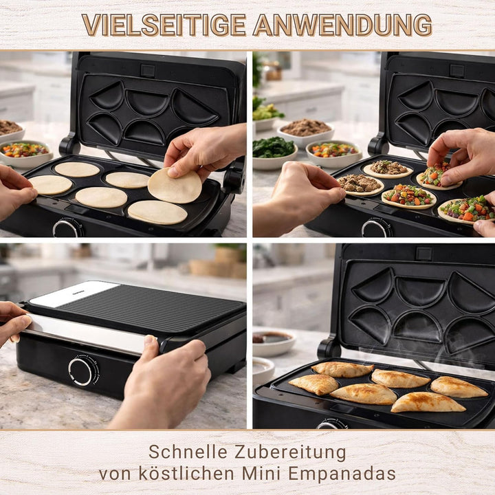 Syntrox Mini Empanada Kombigerät Multifunktionsmaker mit Wechselplatten, Kontaktgrill Edelstahl, Mul