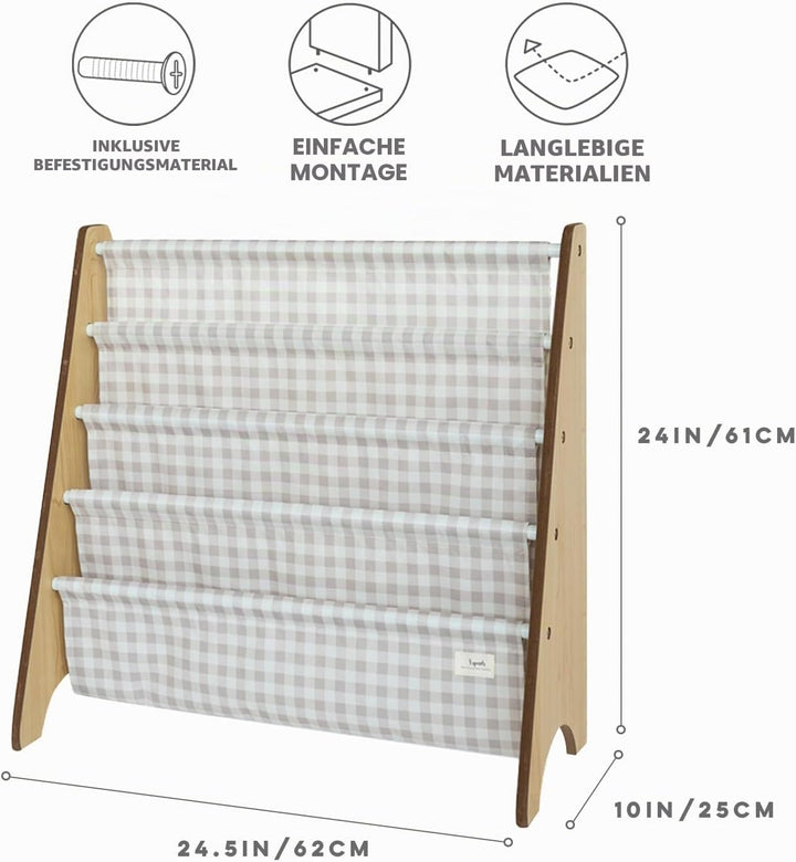 3 Sprouts Kinder Bücherregal aus Holz – Montessori Regal für Kinderzimmer - Gingham Beige, Gingham B