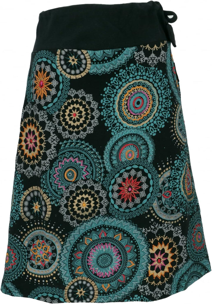 GURU SHOP Bestickter Knielanger Rock, Chic, Retro Mandala - Schwarz, Damen, Baumwolle 38 Petrol, 38