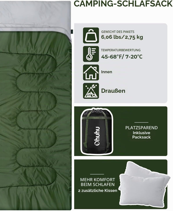 Schlafsack Outdoor Sommer: Ohuhu Doppelschlafsack mit 2 Kissen und Tragetasche, Wasserdicht Leicht 2