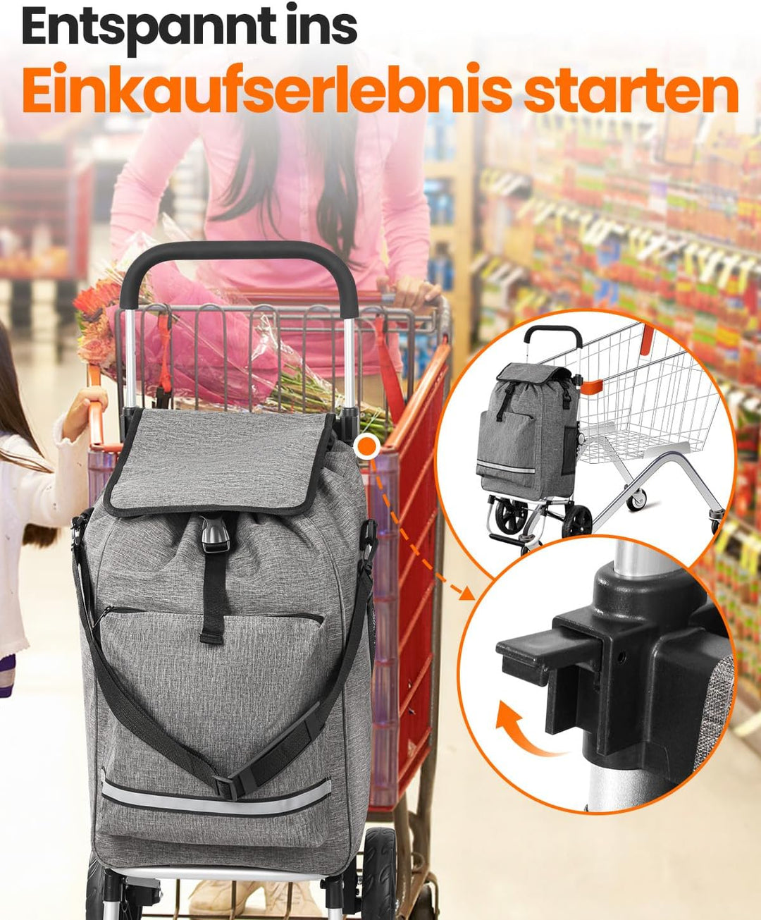 Homecall Einkaufstrolley klappbar Einkaufswagen mit 50L + 5L kühlfunktion Bis 50KG, Einkaufstasche m
