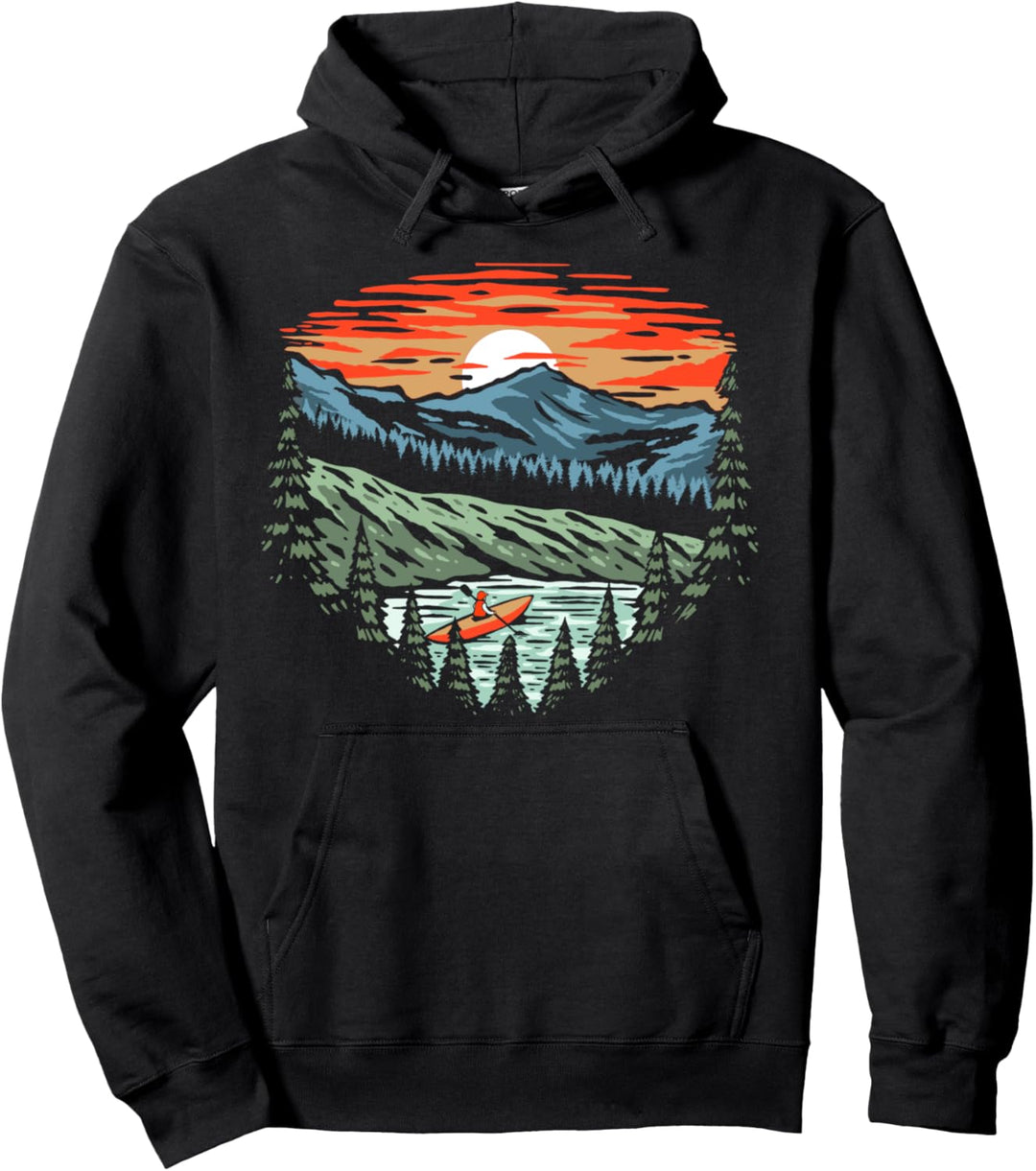 Kayaker Trees & Mountains Paddling Kayak Vintage Paddling Pullover Hoodie