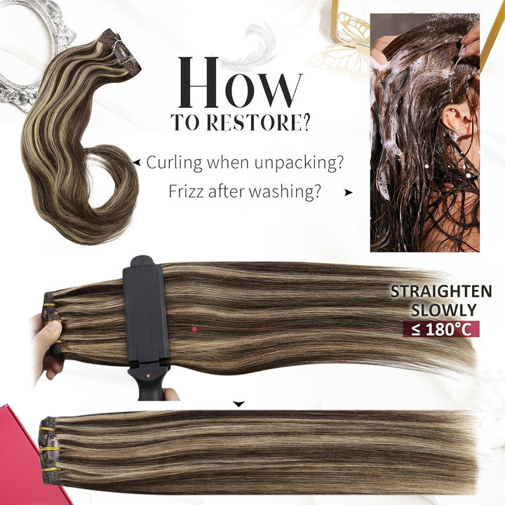 Moresoo Clip in Extensions Echthaar Braun Echthaar Extensions Clip in Dunkelbraun mit Karamellblond