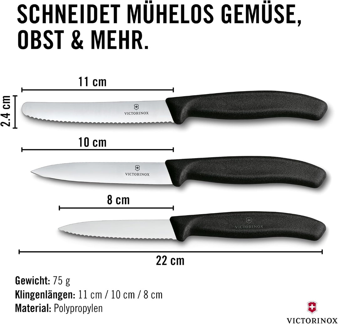 Victorinox Swiss Classic Küchenmesser Set, 3teilig, Gemüse-, Tomaten- und Frühstücksmesser, Rostfrei