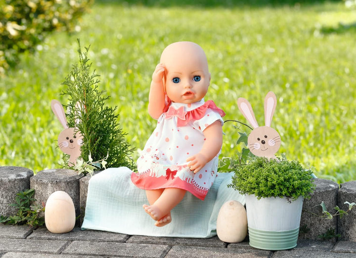 Baby Annabell Osterkleid im Ei, Puppenkleid in rosa und weiss mit Osterhasen im Osterei für 43 cm Pu