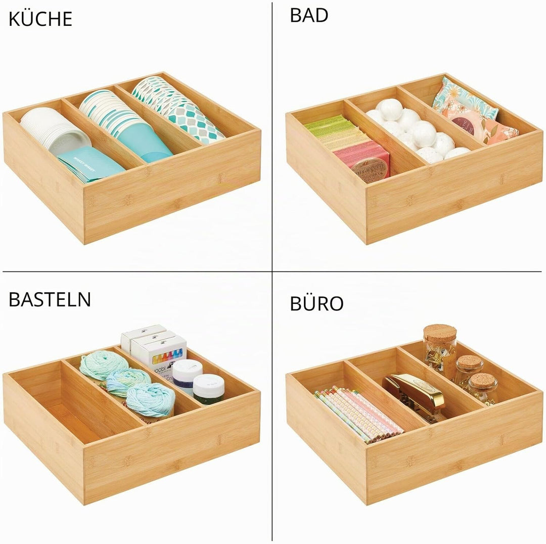mDesign Teebox – elegante Aufbewahrungsbox mit 3 Fächern aus Bambus – praktische Holzkiste für Teebe
