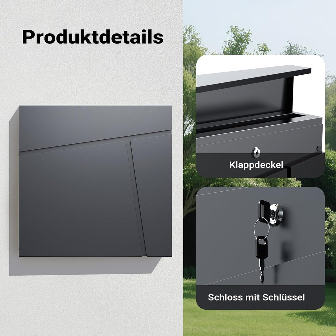 Wiltec Designer Briefkasten V23 anthrazit 370 x 105 x 370 mm, Wandbriefkasten mit Schloss und Zeitun