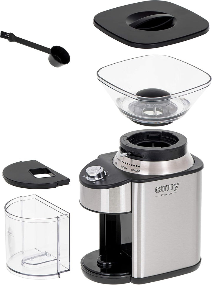 Adler CAMRY CR 4443 Kaffeemühle mit Kegelmahlwerk, 200W, Gehäuse aus Edelstahl, 16 Mahlgrade, Volume