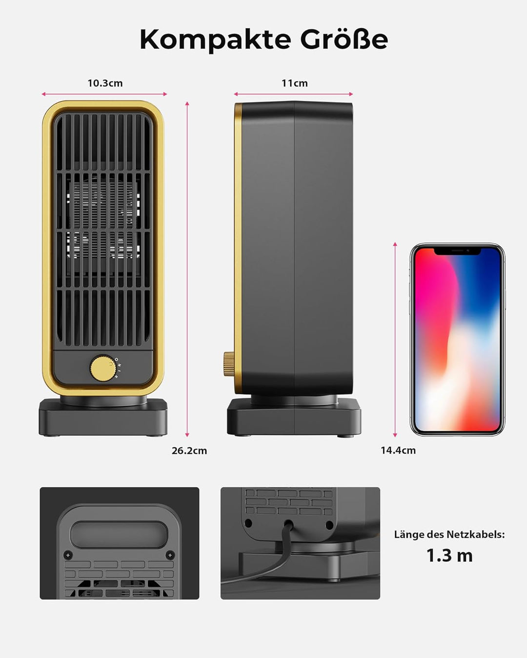 Energiesparender Heizlüfter Klein Leiser - 900W PTC Keramik Schnell Heizung Elektroheizung, 3 Gänge