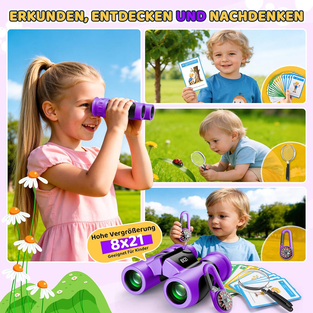 GeschenPark Fernglas Abenteuer Set mit Entdeckungskarten – Kompass – Lupe, Violett 8X-Violett, 8X-Vi