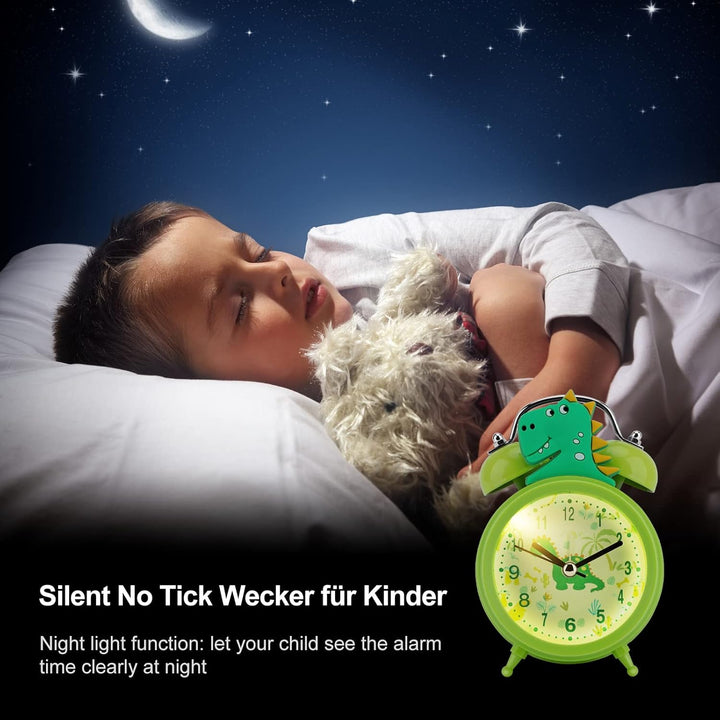 TCJJ Dinosaurier Wecker Jungen,Nicht Tickend Niedlich Grün Wecker Kinder Jungen,Klassischer Lauter D