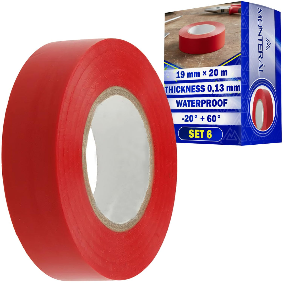 MONTERAL 6 Stück Elektro Isolierband Rot 19 mm x 20 m Dicke 0,13 mm - Isolierband Wasserdicht für Pr