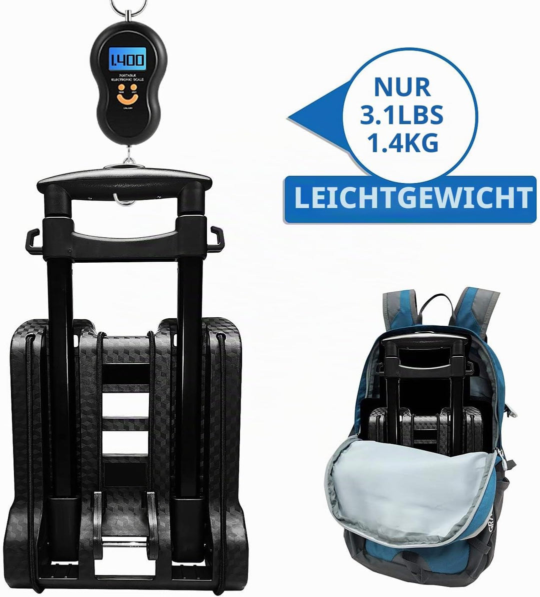 Faltbarer Handwagen mit geräuschlosen, verschleissfesten PVC-Rädern und Verstellbarer Deichsel, 40 k