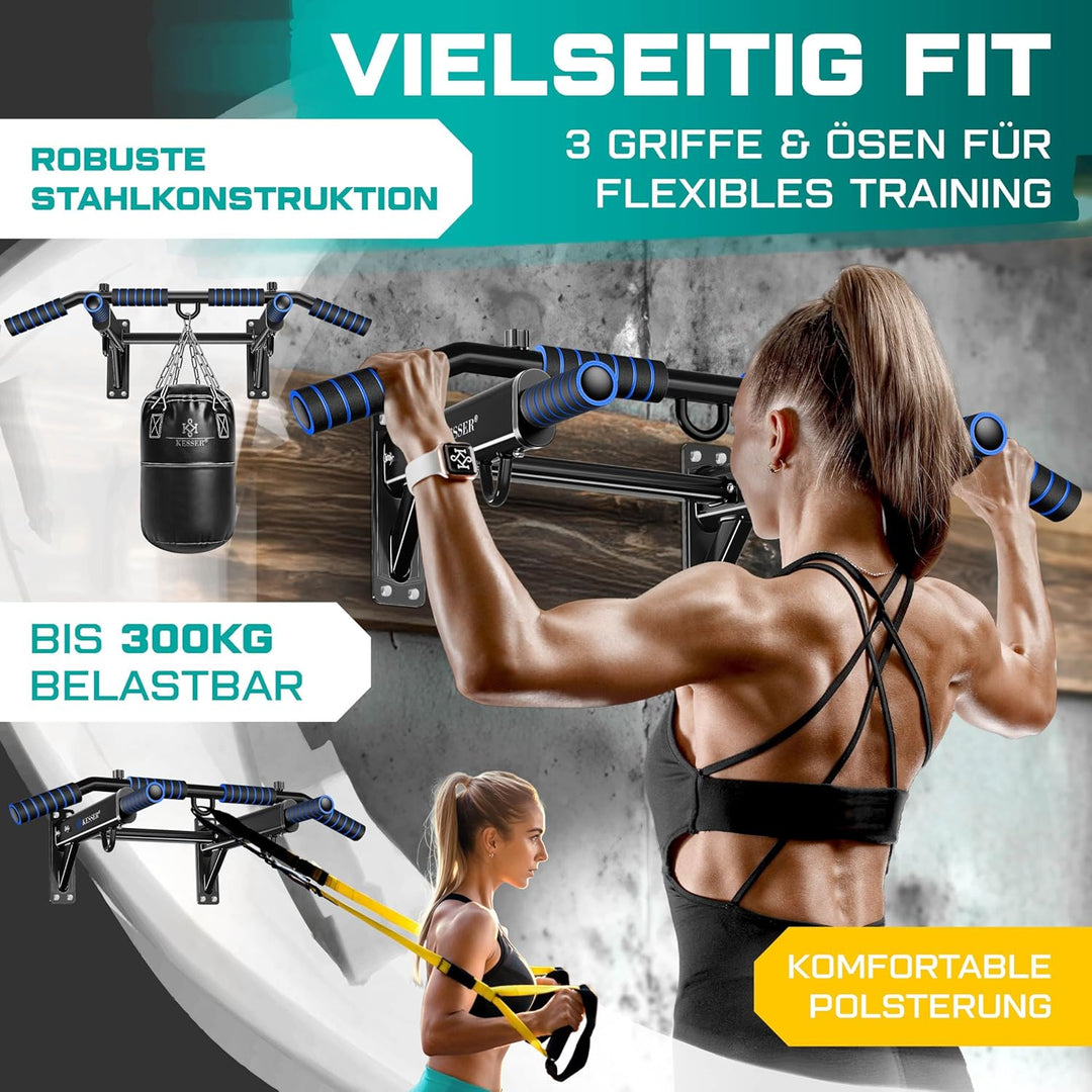 KESSER® 4in1 Klimmzugstange zur Wandmontage rutschfesten Griffen zusätzliche Funktion für Seile Ring