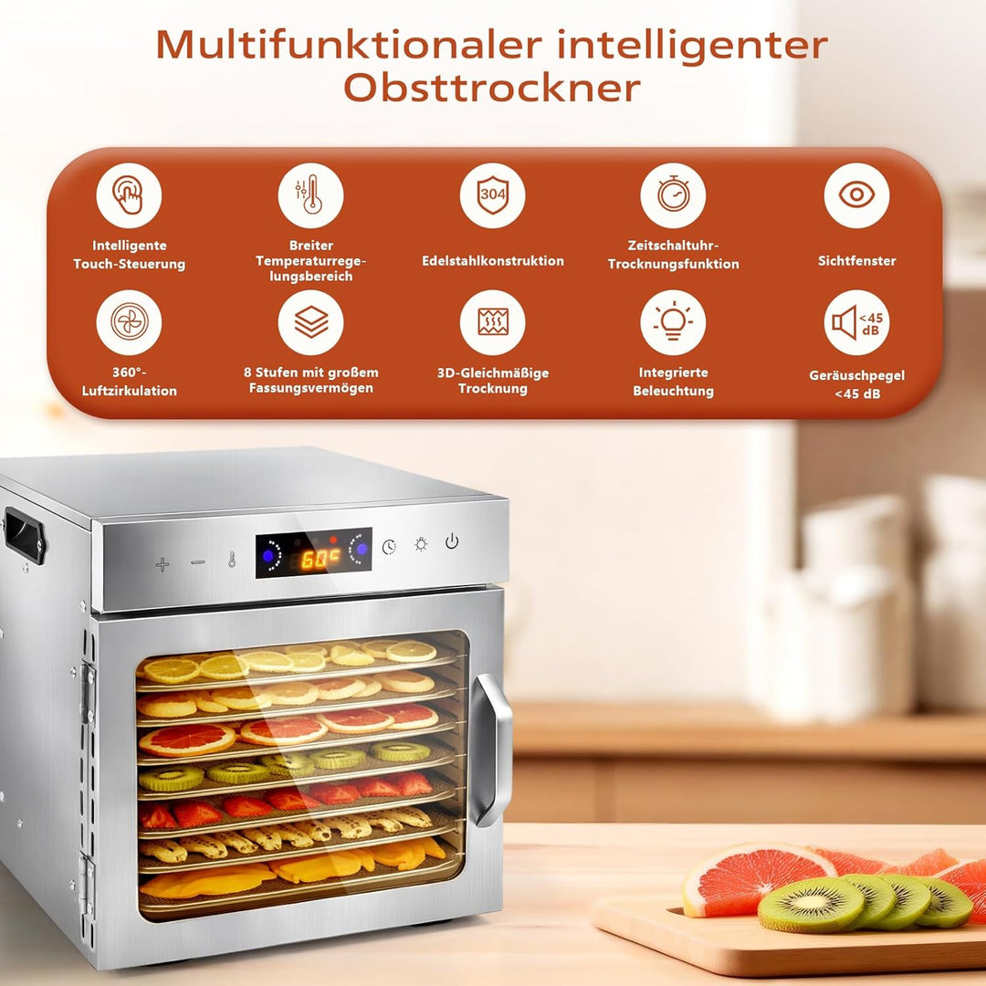 Dörrautomat Edelstahl mit 8 Stainless Steel Grids und 8 er Dörrfolie, BPA-frei, Einstellbare Tempera