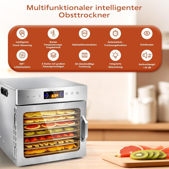 Dörrautomat Edelstahl mit 8 Stainless Steel Grids und 8 er Dörrfolie, BPA-frei, Einstellbare Tempera