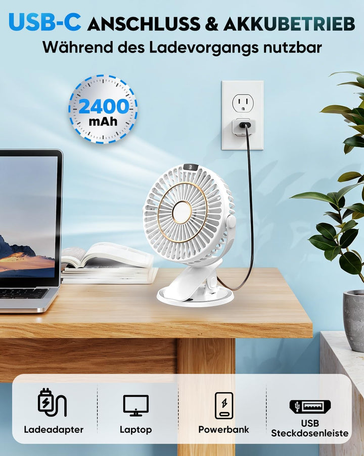 COZII Mini Ventilator, USB Ventilator Leise Clip Ventilator mit LED-Anzeige, 720° Drehung & 5 Geschw