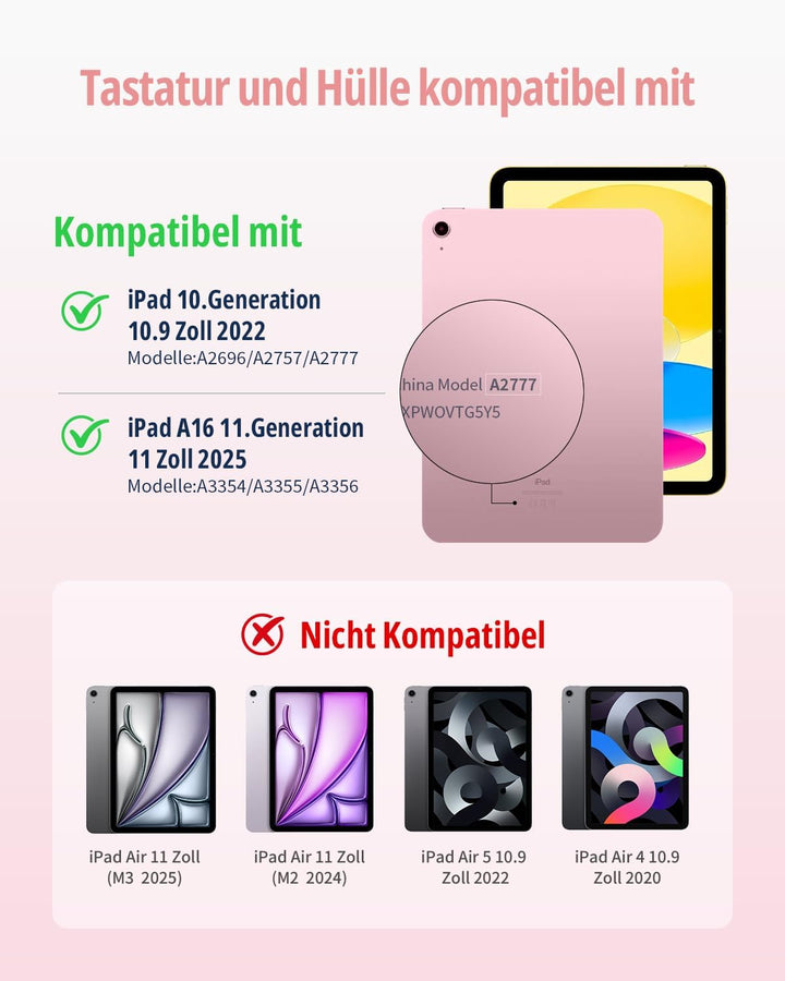 CACOE Drehbare Hülle mit Tastatur für iPad (A16) 11/10 Generation (11/10.9 Zoll) 2025/2022 mit Touch