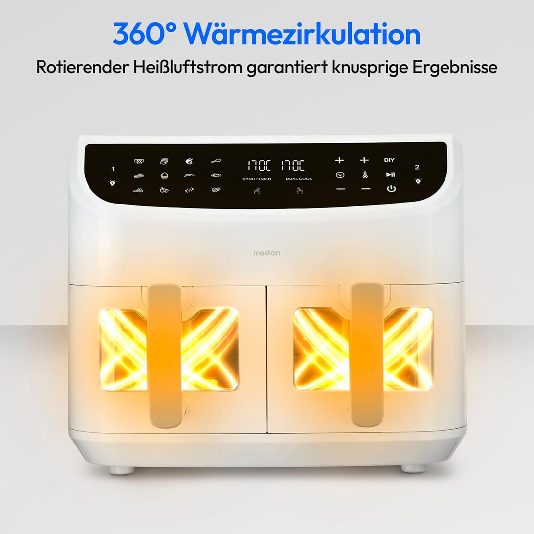 MEDION P20 XXL Heissluftfritteuse mit 2 Kammern (8,7 Liter, Airfryer, 2.600 Watt, Doppelkammer, 10 A