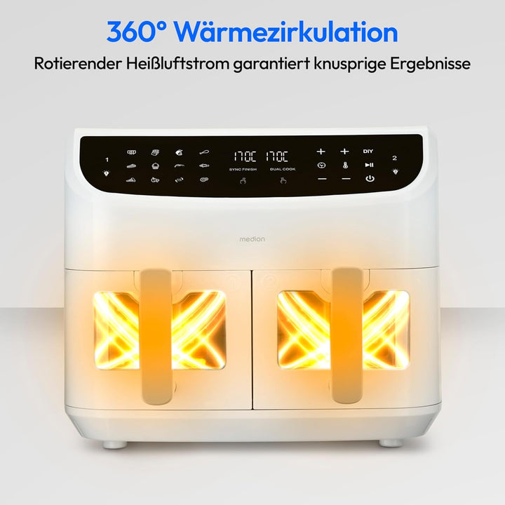 MEDION P20 XXL Heissluftfritteuse mit 2 Kammern (8,7 Liter, Airfryer, 2.600 Watt, Doppelkammer, 10 A