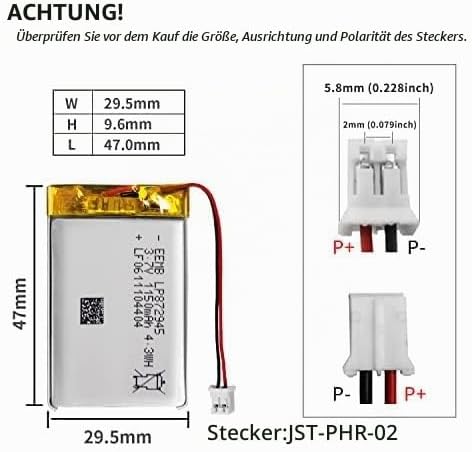 EEMB Lithium Polymer Akku 3,7 V 1400mAh 112945 Wiederaufladbarer Lipo-Akku mit JST-Anschluss für VXI