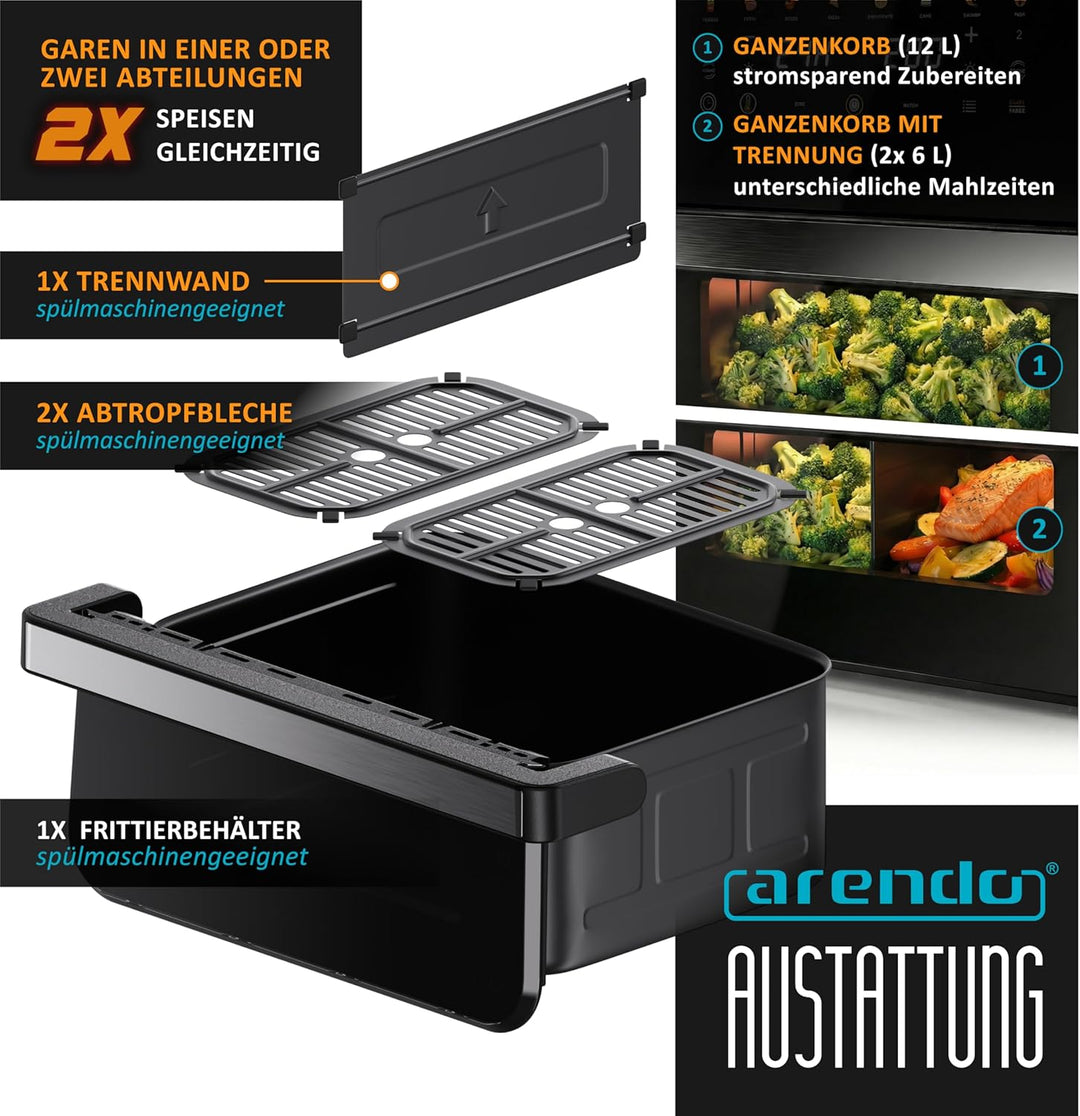 Arendo - XXL Heissluftfritteuse 12 Liter - 2 Kammern trennbar / 1 Kammer Match Funktion - extra Gros