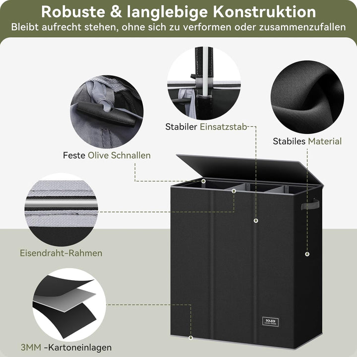 SOLEDI 160L Wäschekorb, Wäschesammler 3 fächer mit Deckel und 3 Wäschesack - Wäschesortierer Gross X