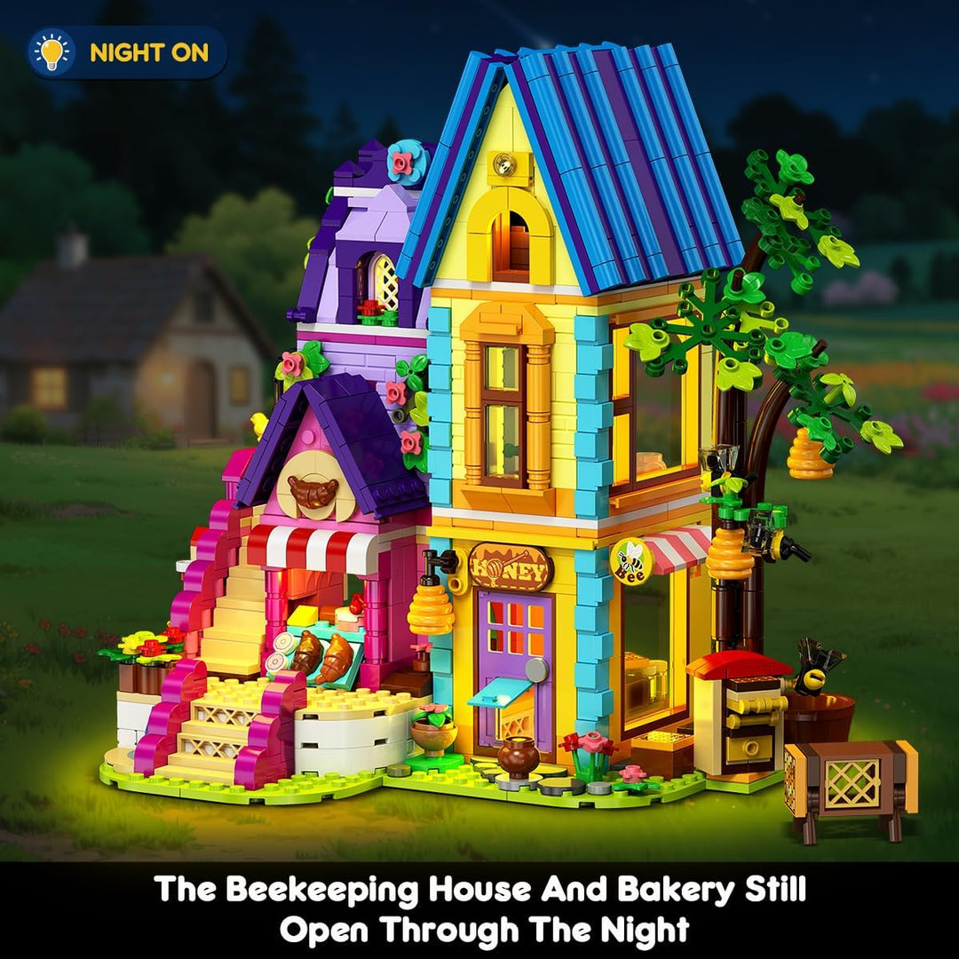 HOGOKIDS Friends Mädchen Backset Bauspielzeug mit LED-Licht - 1084PCS Bienenhaus & Bäckerei Haus, Ro