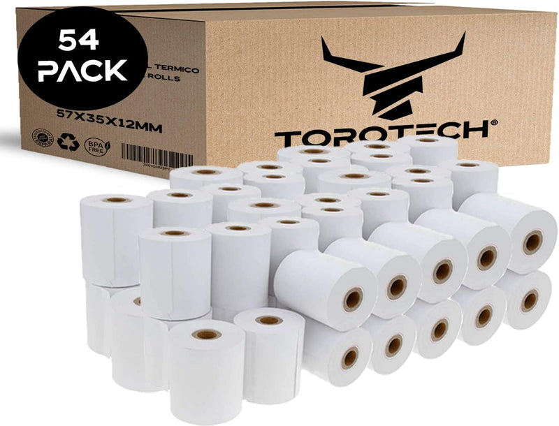 TOROTECH Bonrollen 57x35x12 mm - 54 Rollen - Thermopapier Thermorrollen weiss, ohne Rückseitendruck