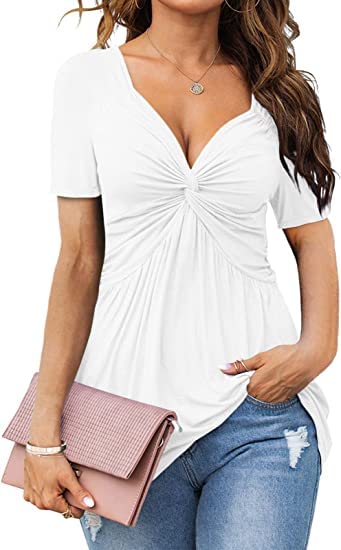 Tankaneo Damen V Ausschnitt Elegant Blusenshirt Front Knotted T-Shirt Kurzarm Dame Tunika Blusen Top